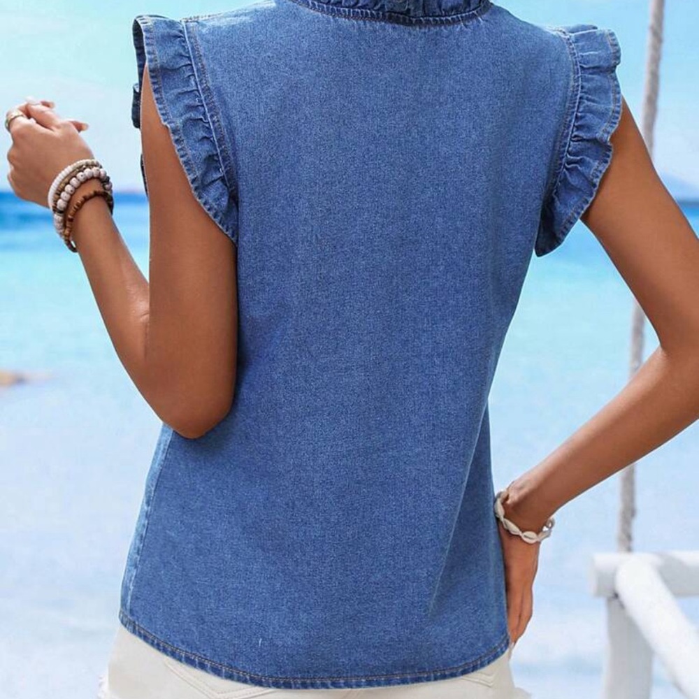 New denim sleeveless button down top - Picture 6 of 7